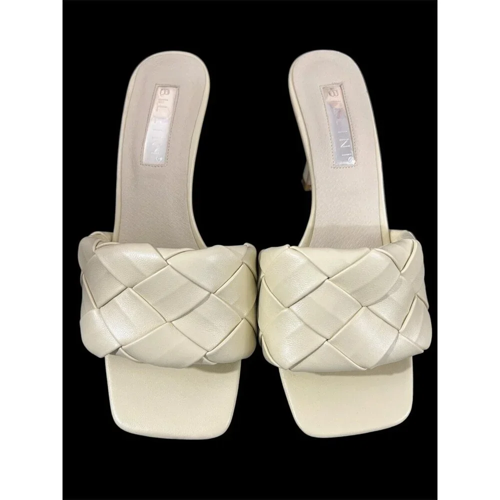 Billini Open‎ Toe Square Mules Heels Sandro 7M Ivory Braided Woven Faux Leather